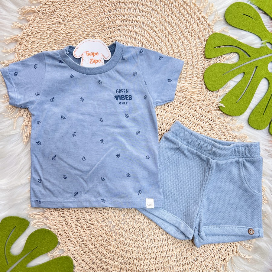 Conj. Camiseta Green Vibes Only e Bermuda em Linho - Azul Jeans